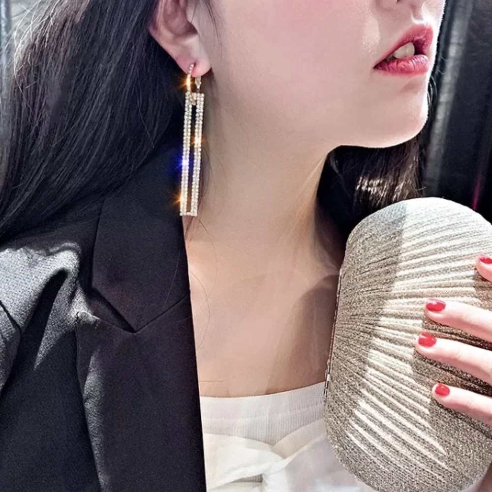 🌟 Fashion Long Geometric Drop Earrings Luxury Silver Rectangle Rhinestone Party